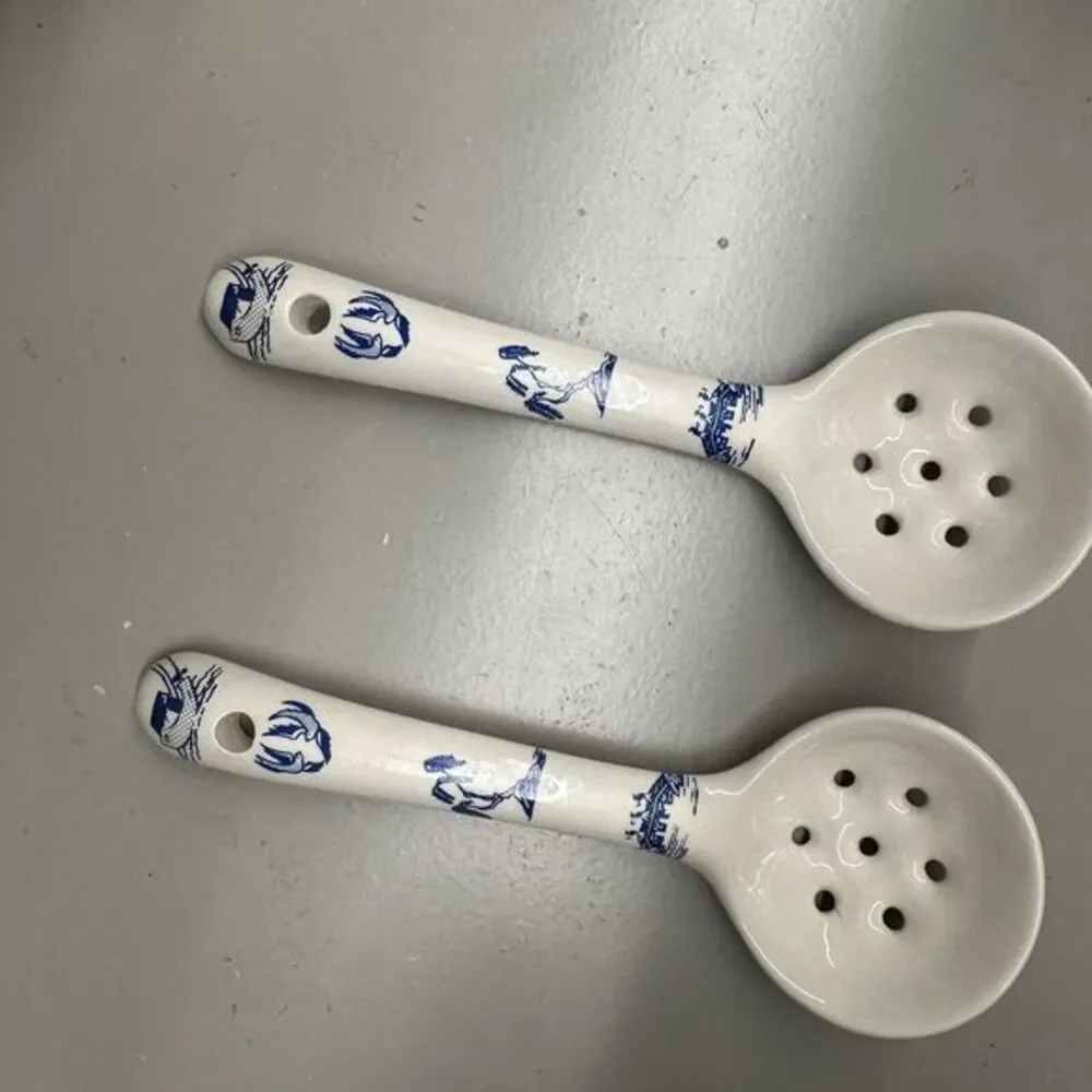 (2) Two Handmade Ceramic Slotted Rice 7” Rice Serving Spoons